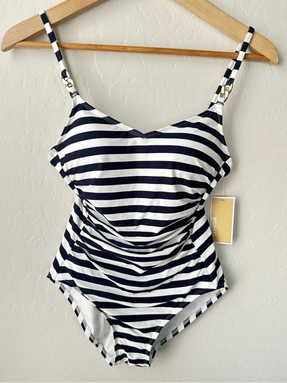 NWT Michael Kors Ruched Chain-Link One-Piece Swim - Navy/White Stripe Size 10